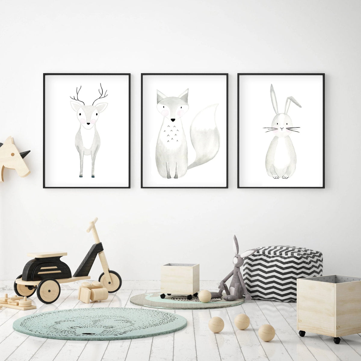 Fox, deer and rabbit watercolor prints from the woodland animal collection