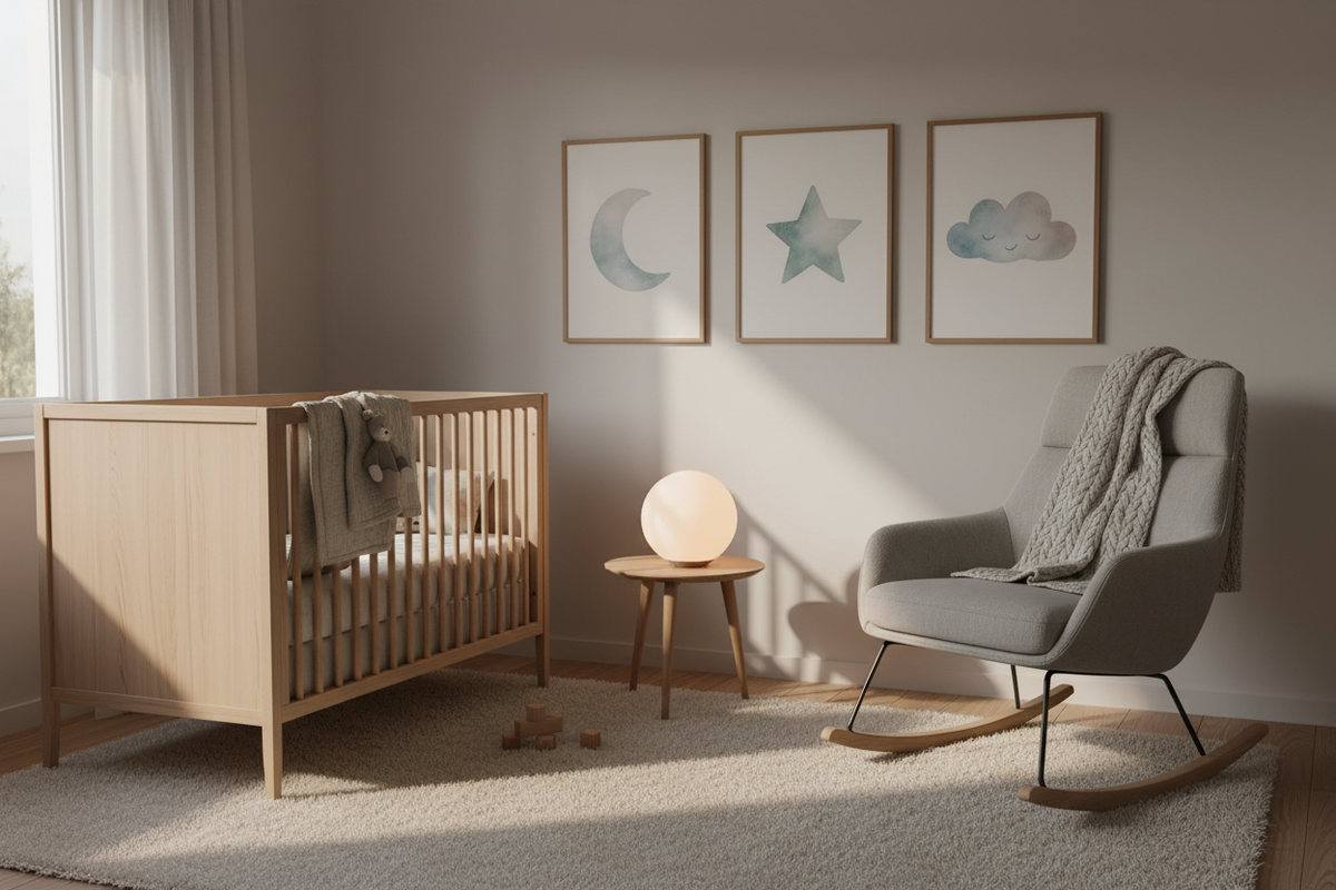 A calm nursery corner at dusk with a light wood crib, a glowing night light, and watercolor prints on the wall