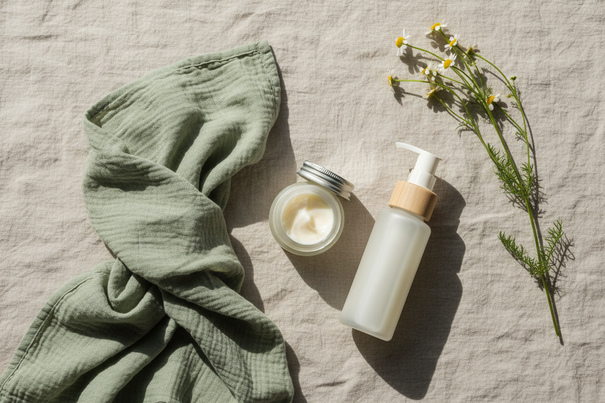 A jar of baby balm, a bottle of gentle foam cleanser, a folded muslin cloth and a sprig of chamomile on pale linen