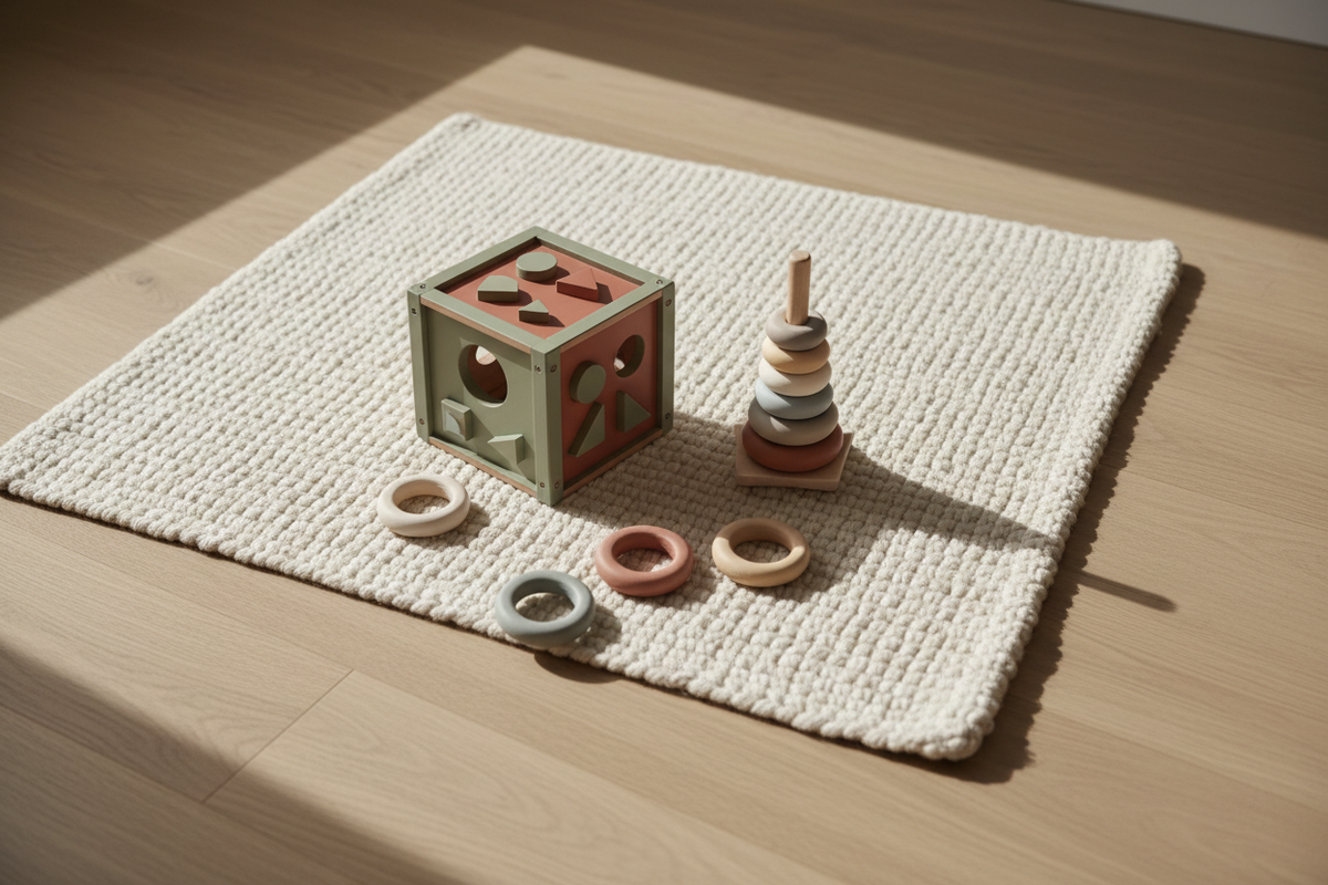 A wooden activity cube and silicone stacking rings on a cream rug in a nursery
