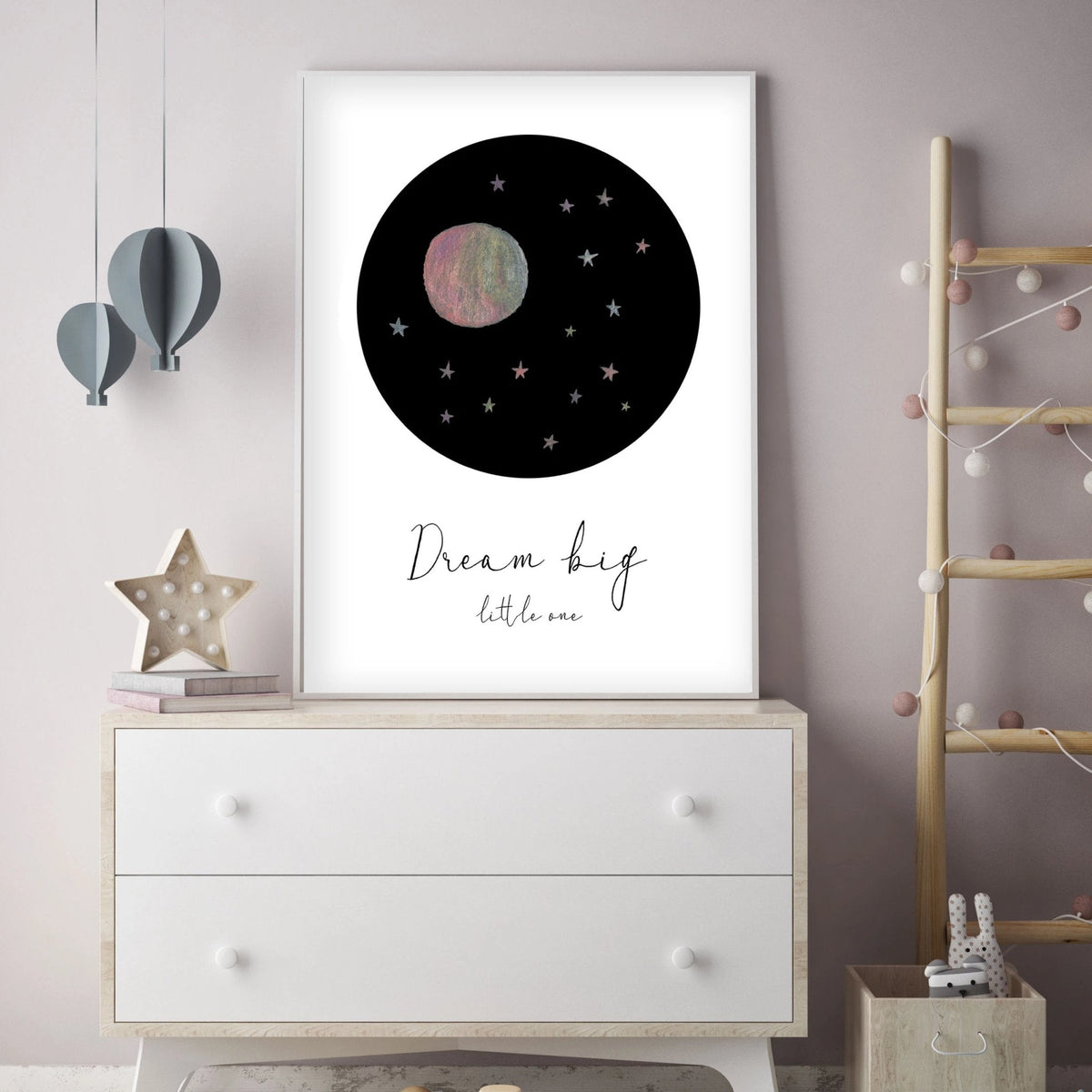 Dream Big Little One nursery wall art print with pink moon and stars