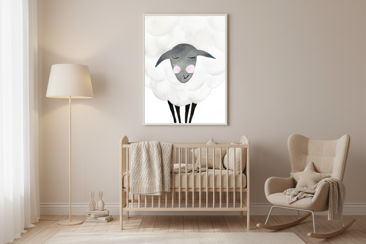 Mama and baby sheep watercolor nursery wall art print framed in a cozy neutral nursery