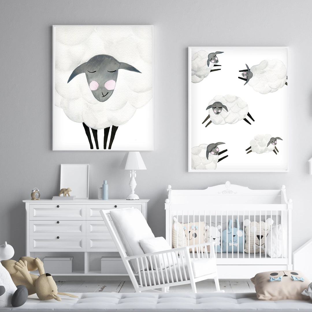 Mama &amp; Baby Sheep - Watercolor Nursery Wall Art - The Small Art Project