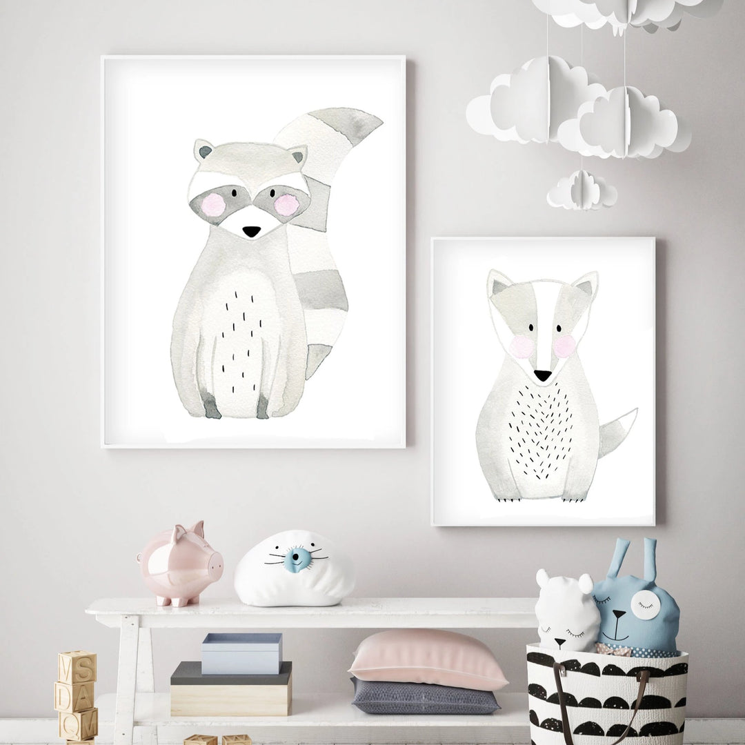 Set of 2 Woodland Animals - Watercolor Nursery Wall Art - The Small Art Project