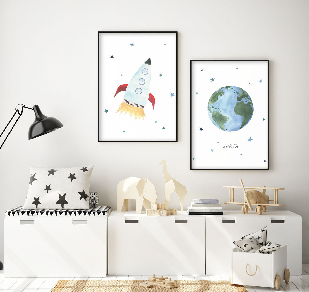 Set of 2 Outer Space Prints - Watercolor Nursery Wall Art - The Small Art Project - Modern Nursery Prints