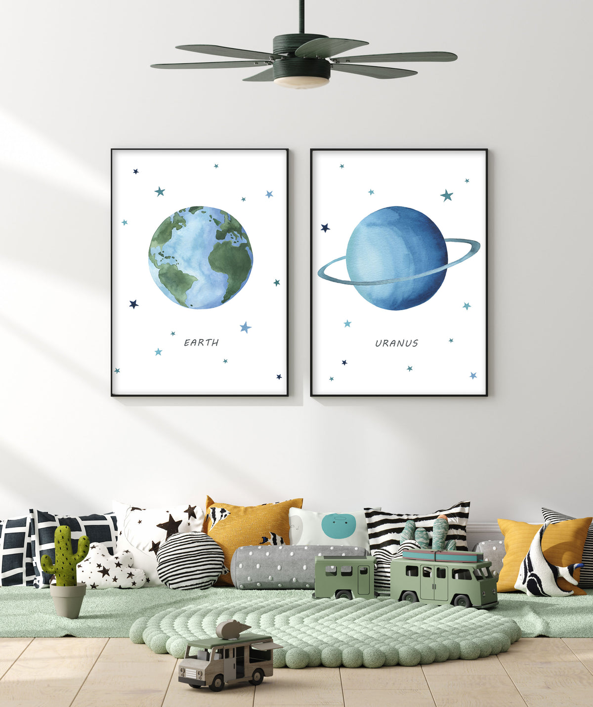 Set of 2 Outer Space Prints - Watercolor Nursery Wall Art - The Small Art Project - Modern Nursery Prints