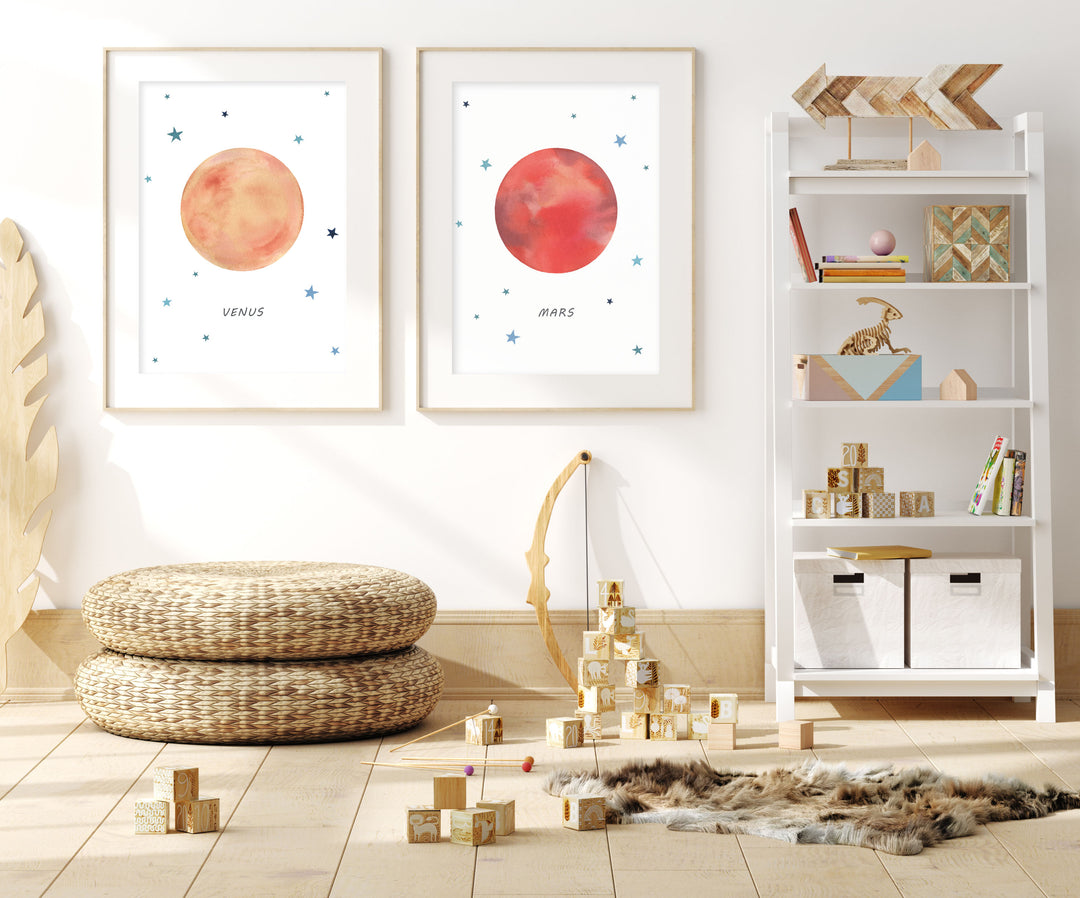 Set of 2 Outer Space Prints - Watercolor Nursery Wall Art - The Small Art Project - Modern Nursery Prints