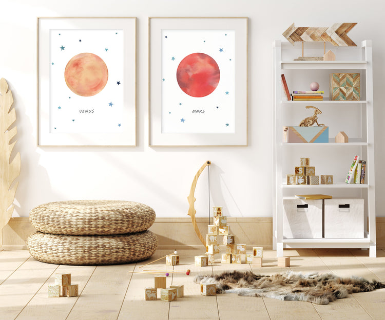 Set of 2 Outer Space Prints - Watercolor Nursery Wall Art - The Small Art Project - Modern Nursery Prints
