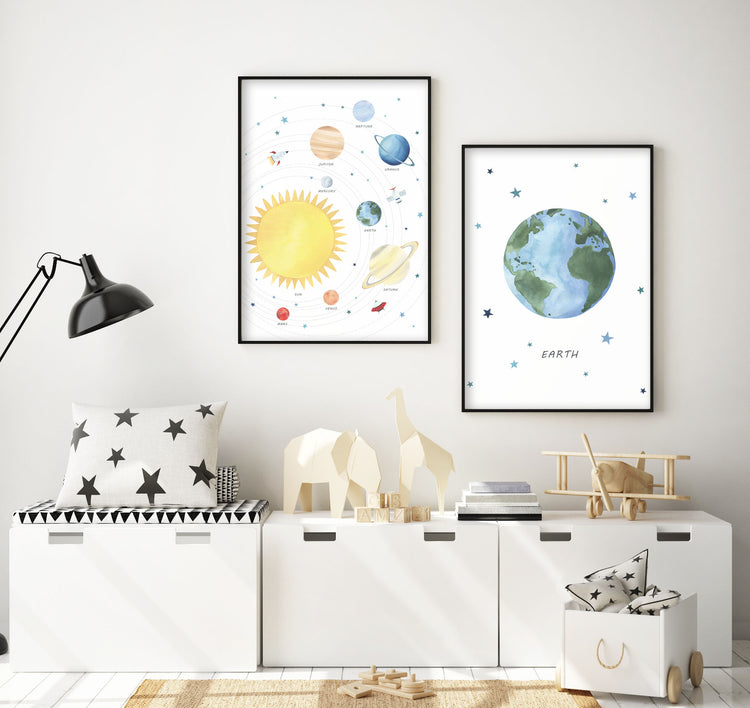 Set of 2 Outer Space Prints - Watercolor Nursery Wall Art - The Small Art Project - Modern Nursery Prints