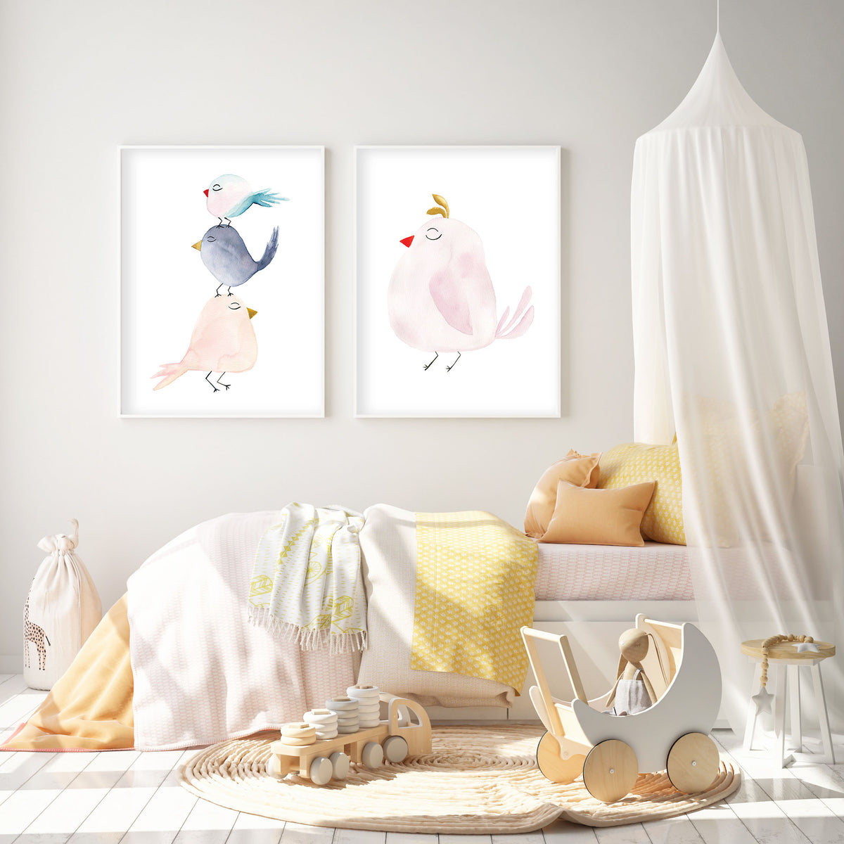 Set of 2 Pastel Birds - Watercolor Nursery Wall Art - The Small Art Project