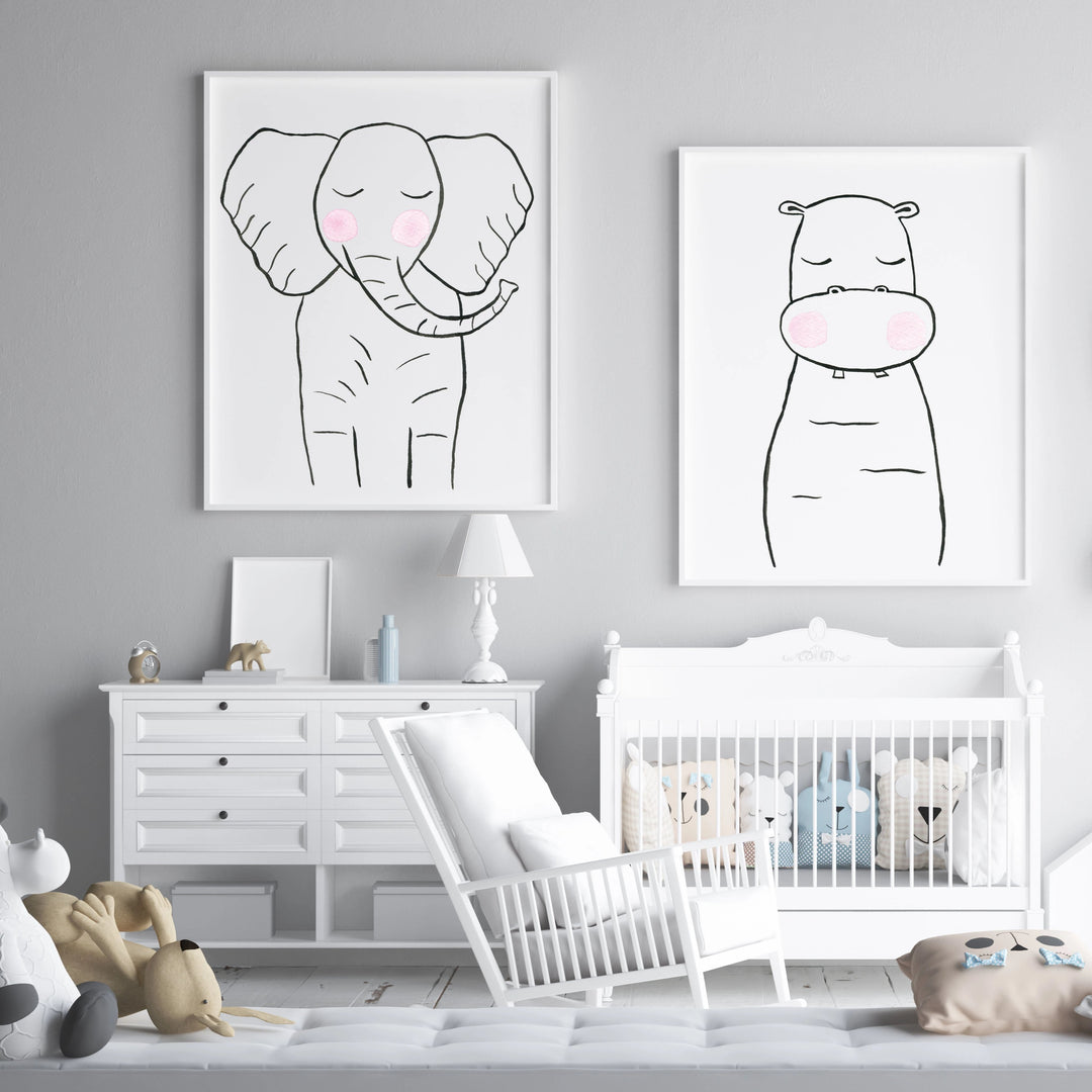 Black &amp; White Hippo - Safari Animals Nursery - The Small Art Project