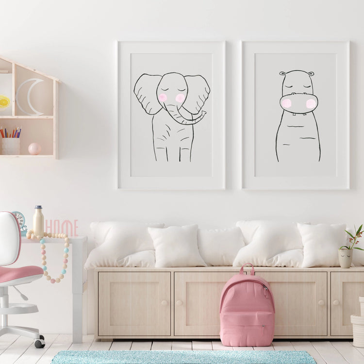 Black & White Hippo - Safari Animals Nursery - The Small Art Project