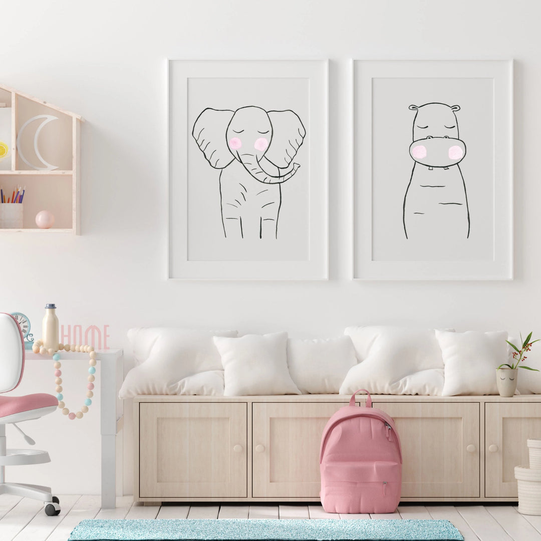 Set of 2 Black &amp; White Animals - Safari Nursery wall art - The Small Art Project