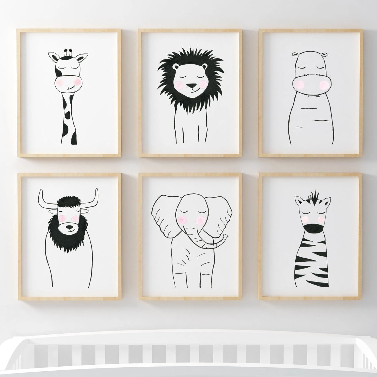 Set of 6 Black & White Animals - Safari Nursery Wall Art - The Small Art Project
