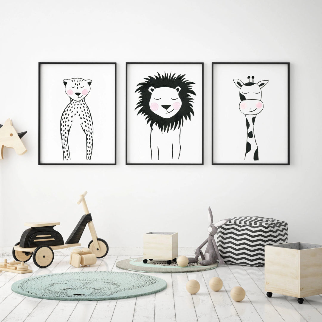 Set of 3 Black &amp; White Animals - Safari Nursery Wall Art - The Small Art Project