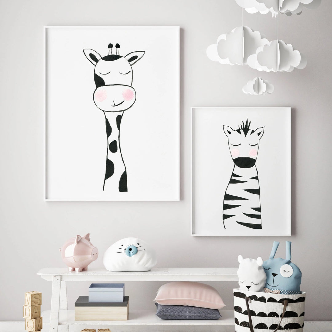Set of 2 Black &amp; White Animals - Safari Nursery wall art - The Small Art Project