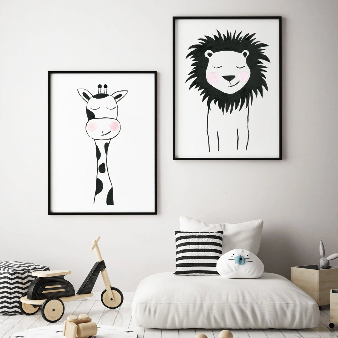 Set of 2 Black &amp; White Animals - Safari Nursery wall art - The Small Art Project