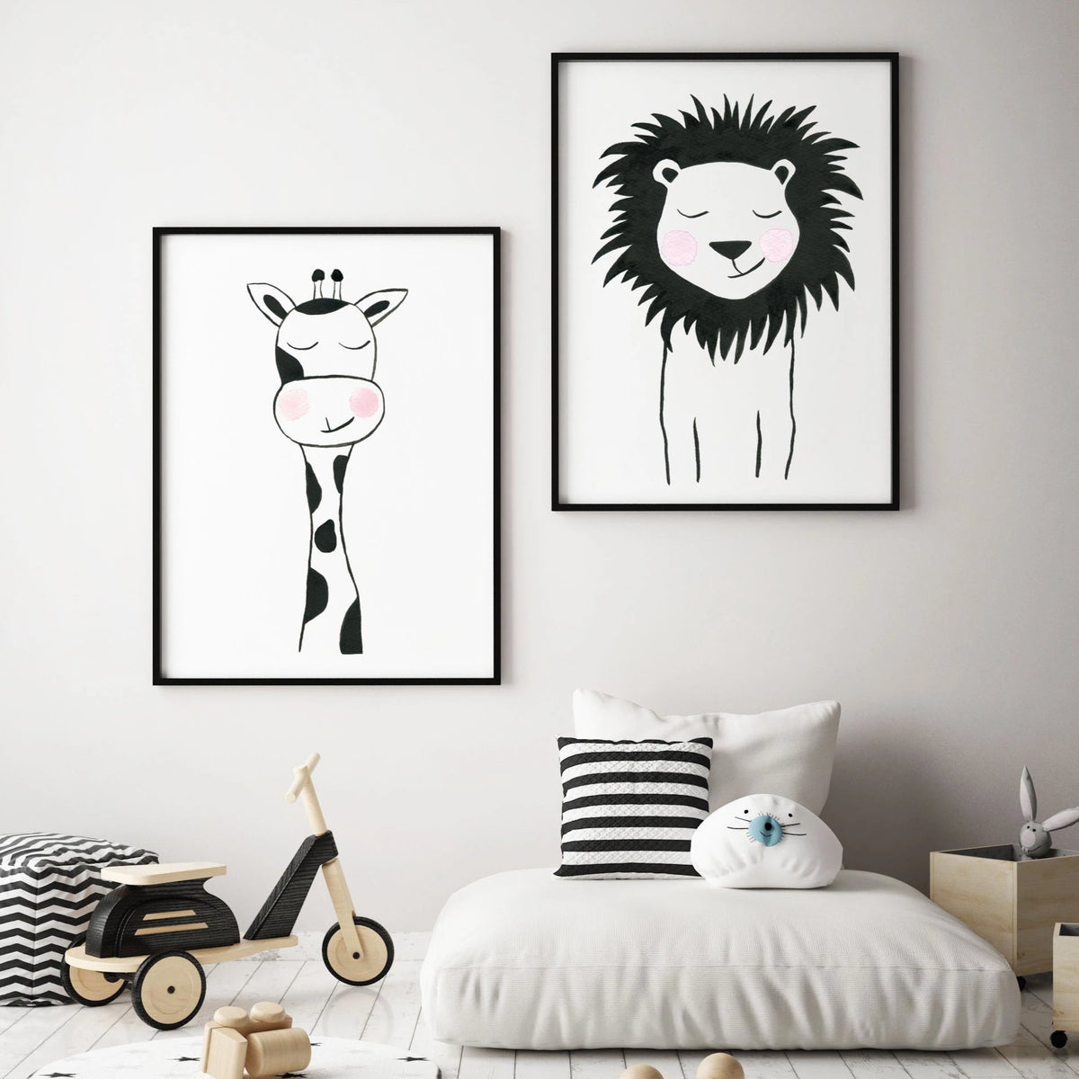 Set of 2 Black & White Animals - Safari Nursery wall art - The Small Art Project